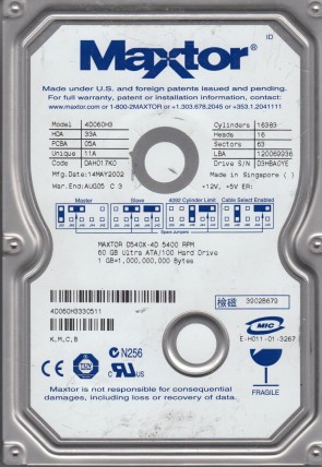4D060H3 Maxtor 60GB IDE 3.5 Inch Hard Drive