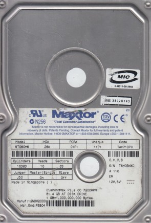 5T060H6 Maxtor 60GB IDE 3.5 Inch Hard Drive