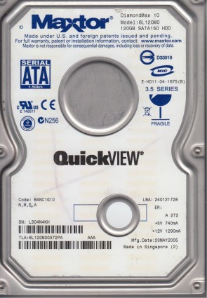 6L120M0 Maxtor 120GB SATA 3.5 Inch Hard Drive