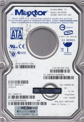 6L250S0 Maxtor 250GB SATA 3.5 Inch Hard Drive