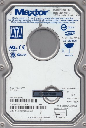 6V250F0 Maxtor 250GB SATA 3.5 Inch Hard Drive