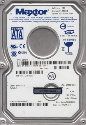 7L250S0 Maxtor 250GB SATA 3.5 Inch Hard Drive