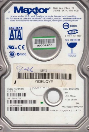 7Y250M0 Maxtor 250GB SATA 3.5 Inch Hard Drive
