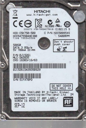 HCC547550A9E380 Hitachi 500GB SATA 2.5 Inch Hard Drive