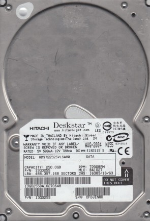 HDS722525VLSA80 Hitachi 250GB SATA 3.5 Inch Hard Drive