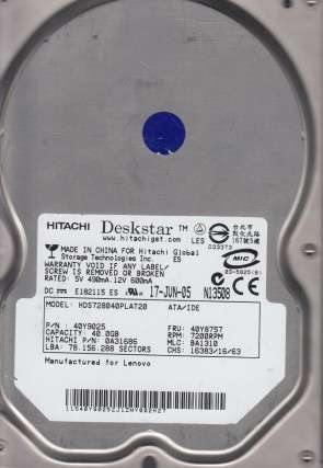 HDS728040PLAT20 Hitachi 40GB IDE 3.5 Inch Hard Drive