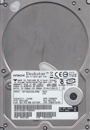 HDT722516DLA380 Hitachi 164GB SATA 3.5 Inch Hard Drive