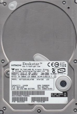 HDT722516DLAT80 Hitachi 164GB IDE 3.5 Inch Hard Drive