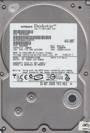 HDT725050VLA380 Hitachi 500GB SATA 3.5 Inch Hard Drive
