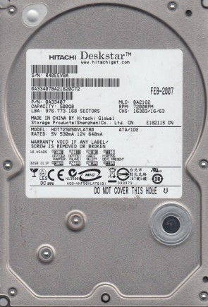 HDT725050VLAT80 Hitachi 500GB IDE 3.5 Inch Hard Drive