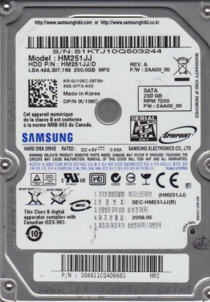 HM251JJ Samsung 250GB SATA 2.5 Inch Hard Drive