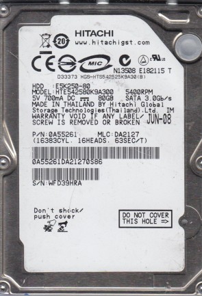 HTE542580K9A300 Hitachi 80GB SATA 2.5 Inch Hard Drive