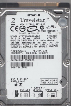 HTE721060G9AT00 Hitachi 60GB IDE 2.5 Inch Hard Drive