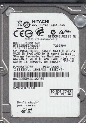 HTE725050A9A364 Hitachi 500GB SATA 2.5 Inch Hard Drive
