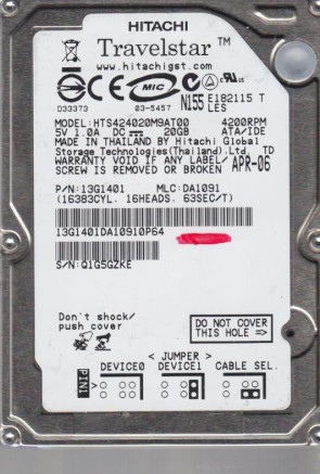 HTS424020M9AT00 Hitachi 20GB IDE 2.5 Inch Hard Drive