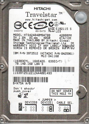 HTS424040M9AT00 Hitachi 40GB IDE 2.5 Inch Hard Drive