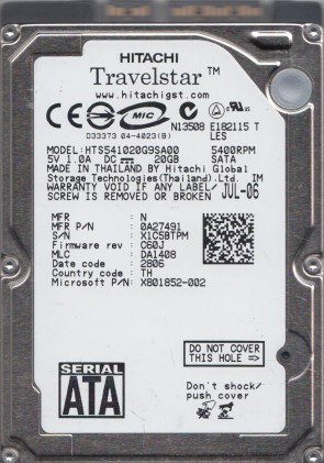 HTS541020G9SA00 Hitachi 20GB SATA 2.5 Inch Hard Drive