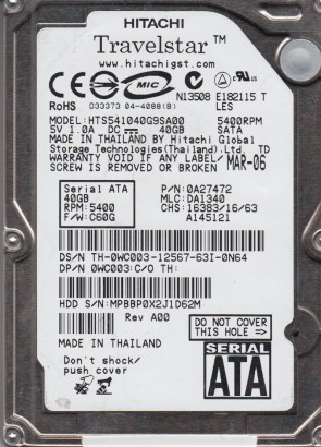 HTS541040G9SA00 Hitachi 40GB SATA 2.5 Inch Hard Drive