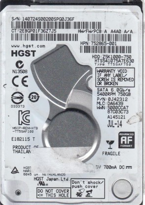 HTS541075A7E630 Hitachi 750GB SATA 2.5 Inch Hard Drive