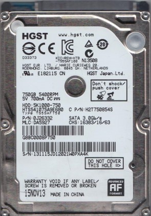 HTS541075A9E680 Hitachi 750GB SATA 2.5 Inch Hard Drive