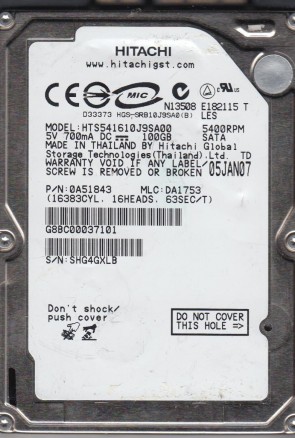 HTS541610J9SA00 Hitachi 100GB SATA 2.5 Inch Hard Drive