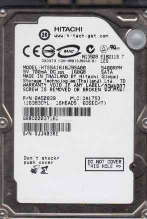 HTS541616J9SA00 Hitachi 160GB SATA 2.5 Inch Hard Drive