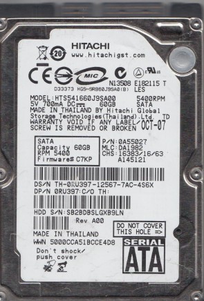 HTS541660J9SA00 Hitachi 60GB SATA 2.5 Inch Hard Drive