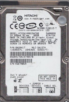 HTS541680J9AT00 Hitachi 80GB IDE 2.5 Inch Hard Drive