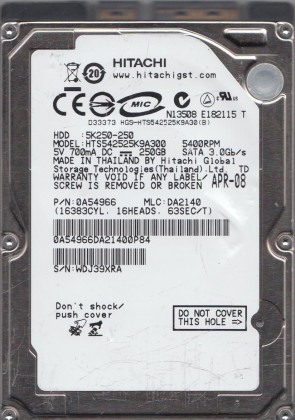 HTS542525K9A300 Hitachi 250GB SATA 2.5 Inch Hard Drive