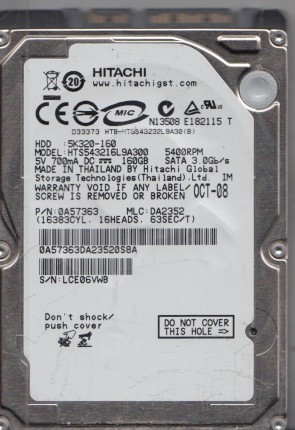 HTS543216L9A300 Hitachi 160GB SATA 2.5 Inch Hard Drive