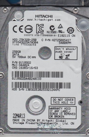 HTS543225A7A384 Hitachi 250GB SATA 2.5 Inch Hard Drive