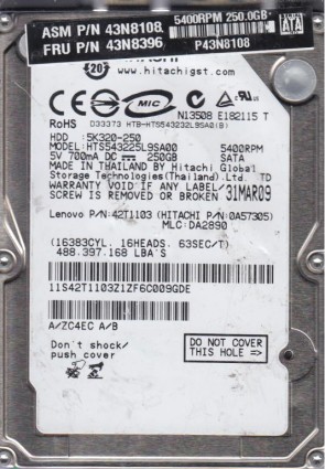 HTS543225L9SA00 Hitachi 250GB SATA 2.5 Inch Hard Drive
