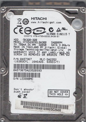 HTS543232L9A300 Hitachi 320GB SATA 2.5 Inch Hard Drive