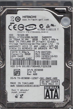 HTS543280L9A300 Hitachi 80GB SATA 2.5 Inch Hard Drive