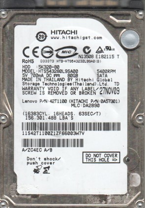 HTS543280L9SA00 Hitachi 80GB SATA 2.5 Inch Hard Drive