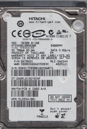 HTS545016B9A300 Hitachi 160GB SATA 2.5 Inch Hard Drive