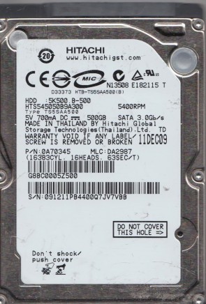 HTS545050B9A300 Hitachi 500GB SATA 2.5 Inch Hard Drive