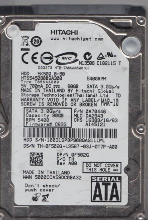 HTS545080B9A300 Hitachi 80GB SATA 2.5 Inch Hard Drive