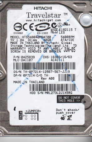 HTS548040M9AT00 Hitachi 40GB IDE 2.5 Inch Hard Drive