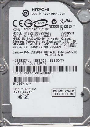 HTS721010G9SA00 Hitachi 100GB SATA 2.5 Inch Hard Drive