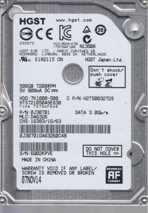 HTS721050A9E630 Hitachi 500GB SATA 2.5 Inch Hard Drive