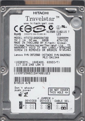 HTS721060G9AT00 Hitachi 60GB IDE 2.5 Inch Hard Drive
