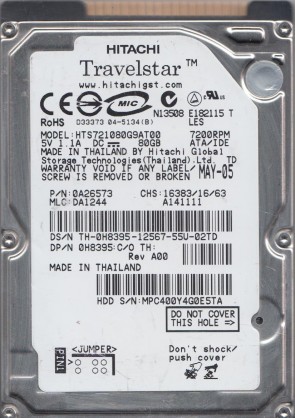 HTS721080G9AT00 Hitachi 80GB IDE 2.5 Inch Hard Drive