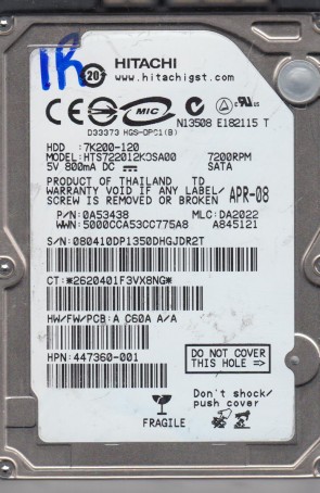 HTS722012K9SA00 Hitachi 120GB SATA 2.5 Inch Hard Drive