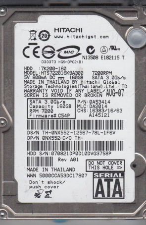 HTS722016K9A300 Hitachi 160GB SATA 2.5 Inch Hard Drive