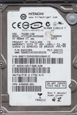HTS722016K9SA00 Hitachi 160GB SATA 2.5 Inch Hard Drive