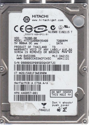 HTS722080K9SA00 Hitachi 80GB SATA 2.5 Inch Hard Drive