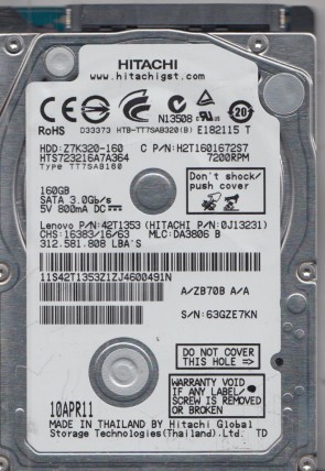 HTS723216A7A364 Hitachi 160GB SATA 2.5 Inch Hard Drive