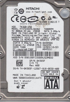 HTS723225L9A362 Hitachi 250GB SATA 2.5 Inch Hard Drive