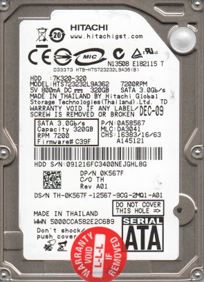 HTS723232L9A362 Hitachi 320GB SATA 2.5 Inch Hard Drive